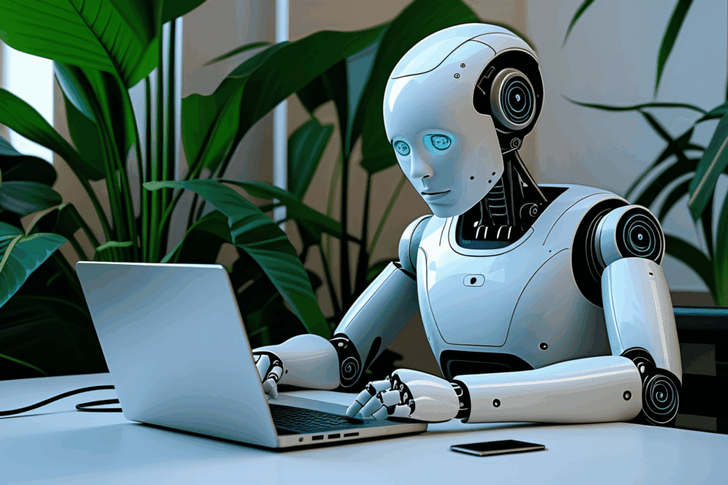 Co potrafi GenAI? Robot pisze na laptopie