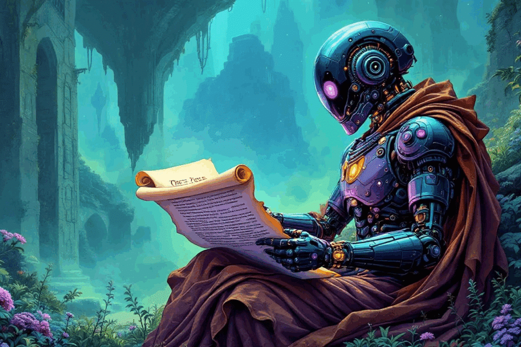 Co to jest LLM? Robot czytający zwój w fantastycznej scenerii
