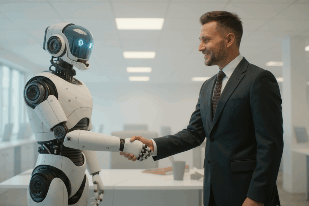 GenAI w biznesie - robot i szef podają sobie ręce
