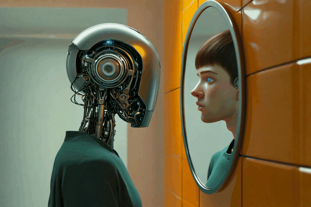 Etyczność GenAI - robot przegląda się w lustrze i widzi siebie jako człowieka
