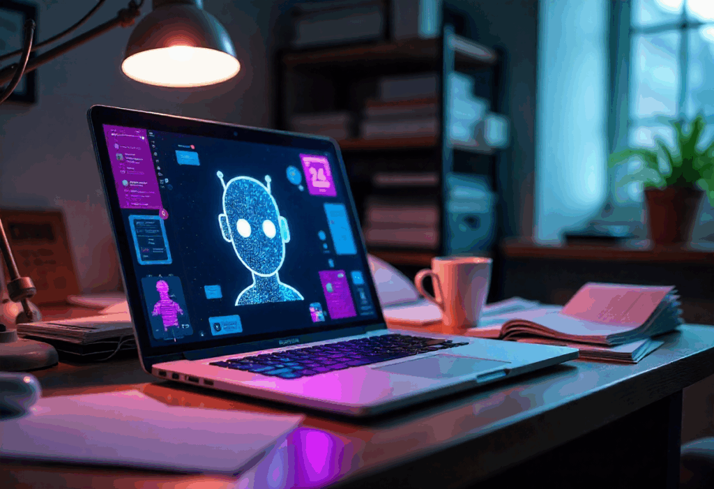 Jak wdrożyć ChatGPT do obsługi klienta? Jak wdrożyć ChatGPT do obsługi klienta? - laptop na biurku, na ekranie głowa robota