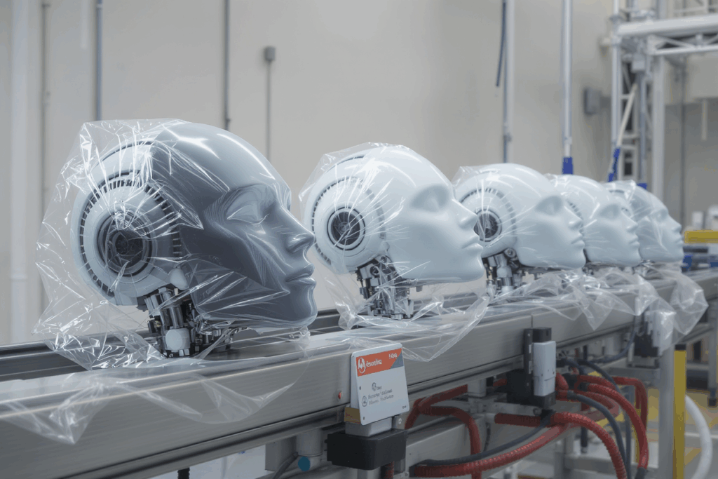 agenci AI w chatgpt - głowy robotów na linii produkcyjnej