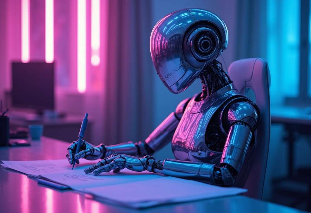 Jak pisać treści z AI nawet 10 razy szybciej? Praktyczny przewodnik jak pisać treści z AI szybciej nawet 10x? robot piszący przy biurku